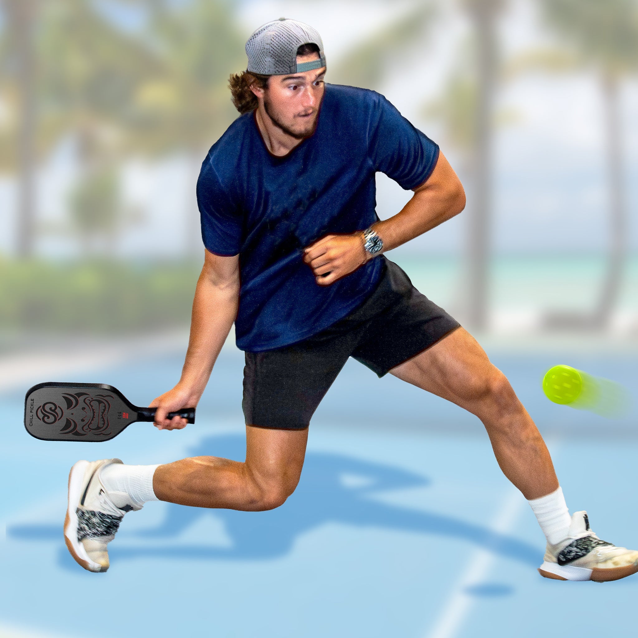 Chill Pickle power paddle in action during a strong forehand swing on outdoor court